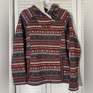 Sherpa Fleece Hoodie Koppen Sweater Size XL Red/Black Striped Hooded Pocket